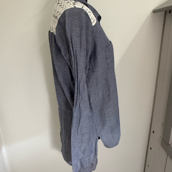 Rebellion Blue and White Casual Button Down Shirt with Lace Detail - Picture 4 of 5